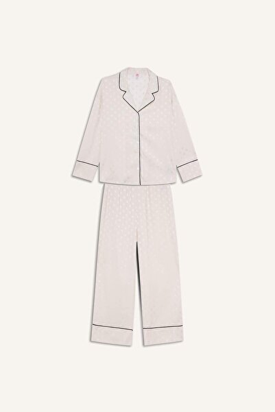 DeFacto Pajama Set Regular Fit Satin Polka Dot Long Sleeve Top Long Bottom F3...