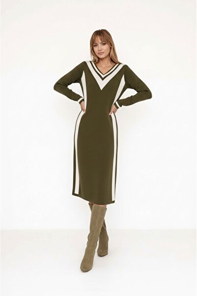 MAMAYAGA Women's Long Sleeve V-Neck Side Stripe Colorful Knitwear Winter Dres...