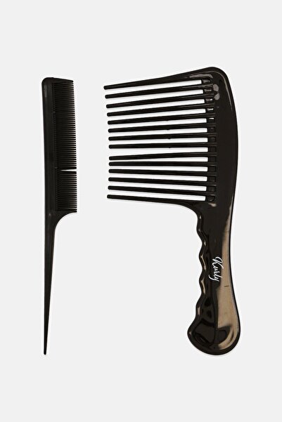 kurly Plastic 2 Pieces Wide Tooth Comb Set, Black