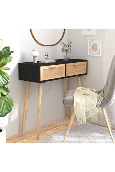 vidaxl Console Table Black 80x30x75 cm Solid Wood Pine&Natural Rattan