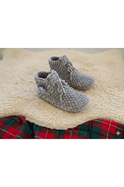 EVR PASAJ El Örgüsü Gri Kaymaz Tabanlı Ev Patiği-Panduf 38 Numara