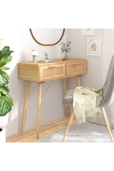vidaxl Console Table Brown 80x30x75 cm Solid Wood Pine&Natural Rattan
