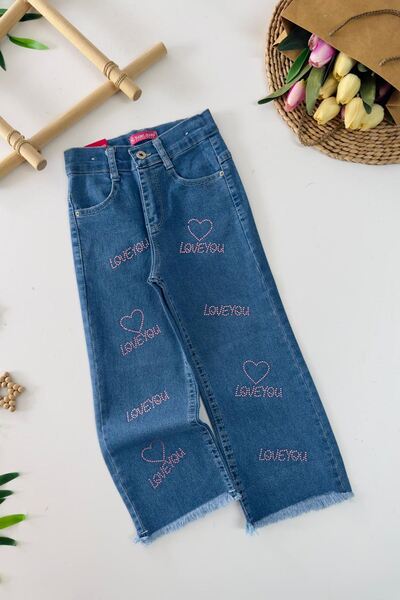 Minigimin Cicileri My Little One's Cicileri Love You Beaded Girls' Jeans - Blue