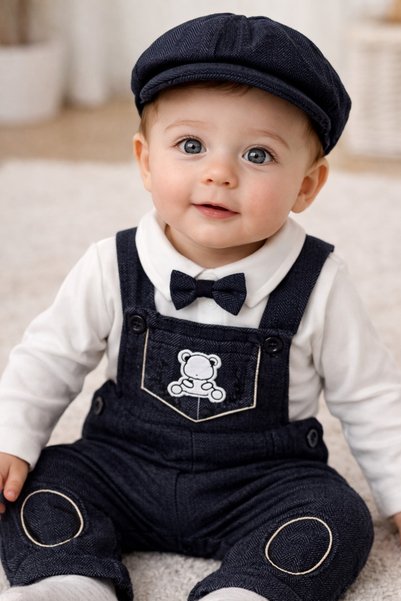 AKİ MODA KİDS Teddy Bear Embroidered Salopet with Hat Baby Boy Jewelry