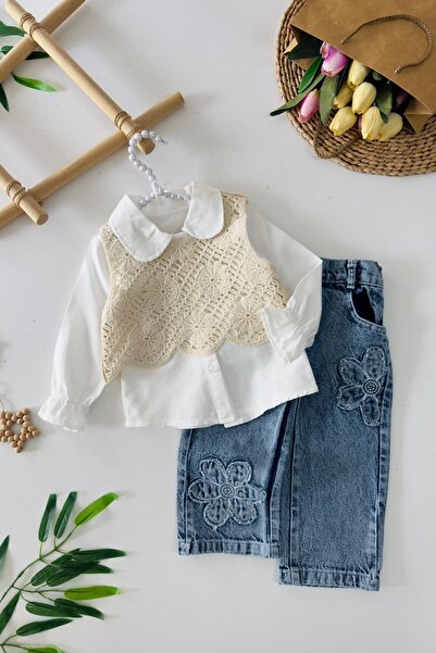 Minigimin Cicileri My Little One's Daisy Jeans Girl's Set with Knitted Patter...