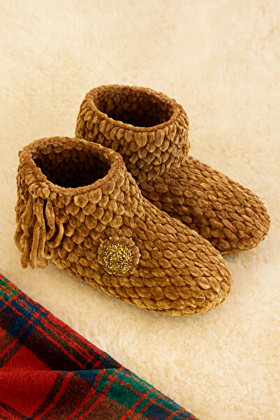 EVR PASAJ Kahverengi El Örgüsü Kaymaz Tabanlı Ev Patiği-Panduf 37 Numara