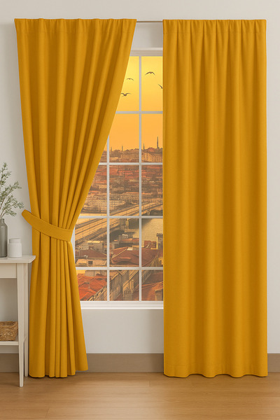 MRC Tekstil Hardal Sarısı Lüks Işık Geçirmez Kornişli Blackout Karartma Saten...