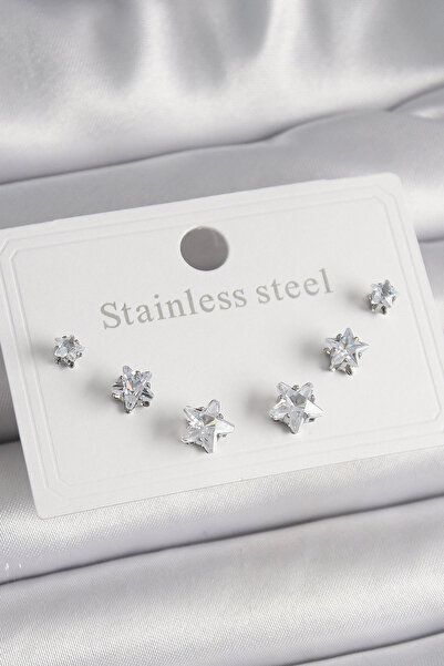 shopwave طقم أقراط نسائية من الفولاذ الفضي اللون 316L بحجر الزركون على شكل نجمة