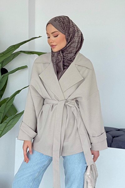 Hazamoda Kemerli Dökümlü Trenç Bej
