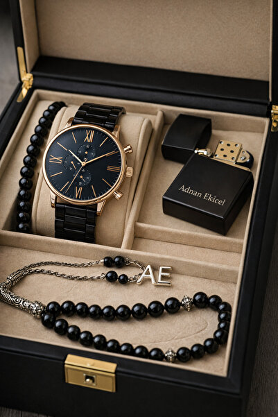 pierrose Siyah Çelik Rose Gold Erkek Saat Seti Kronograf Tasarım İsim Yazılı ...