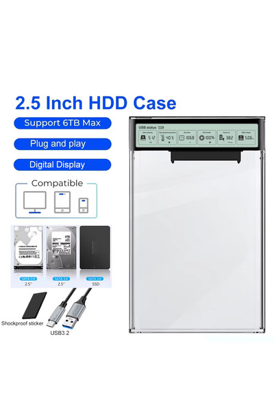 Choice علبة قرص صلب خارجي بشاشة LCD ومنفذ USB 3.2، بحجم 2.5 بوصة، شفافة، بسرع...