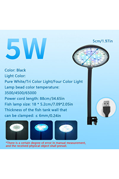 Choice4 مصباح صغير بمشبك USB بقوة 5 واط (أسود) لحوض السمك، مصباح LED قابل لتغ...