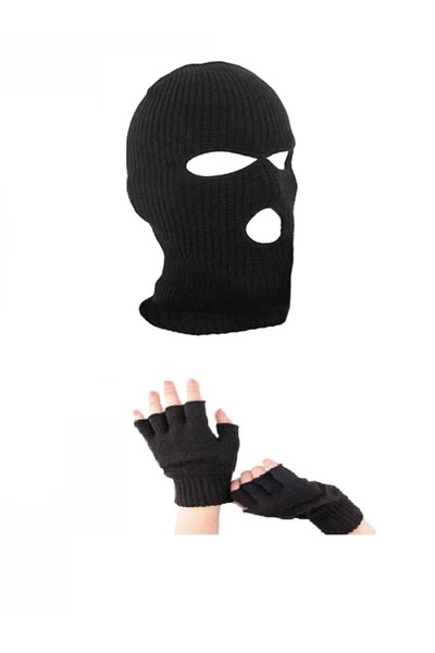 Çeşitli Unisex Knitwear Winter Balaclava and Cut-Out Gloves Double Combination