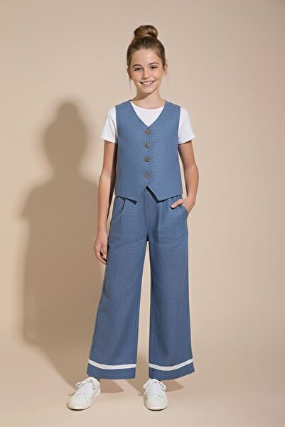 Cansın Mini طقم بناتي من الكتان بأزرار نيلي Y طقم فيست مع بنطلون واسع الساق 2...