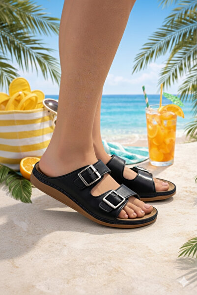 Enova Papuci de vară de zi cu zi pentru femei, negri, ortopedici, cu cataramă...