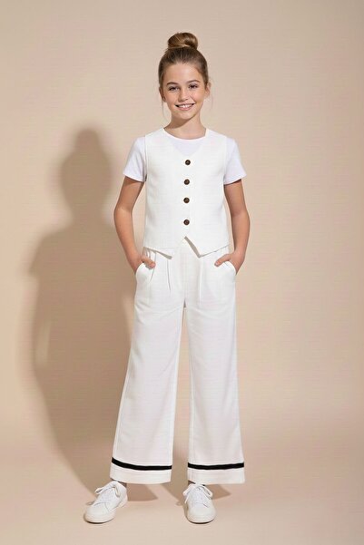 Cansın Mini طقم بناتي من الكتان بأزرار إكرو طقم فيست مع بنطلون واسع الساق 23490