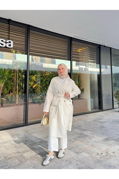 Podyum Park معطف ترنش أنيق بحزام أبيض – مزيج يومي أنيق وبسيط