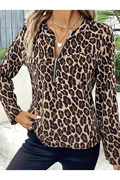 JANES Women's Long Sleeve Front Zipper Leopard Print Modal Blouse
