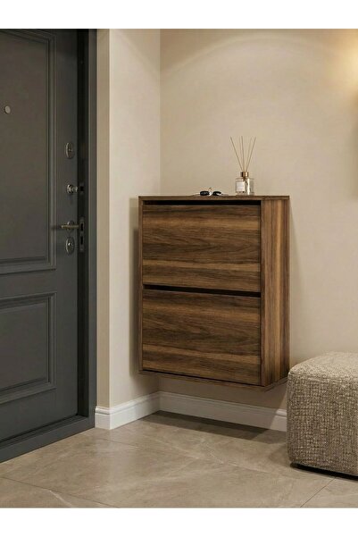 Pratico Double Düşer Kapak Ceviz Ayakkabılık Raflı Ayakkabılık 2 Bölmeli