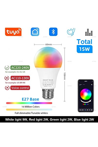 Choice نعم تيار متردد 220-240 فولت قاعدة E27 إجمالي 15 واط لمبة LED Tuya Blue...