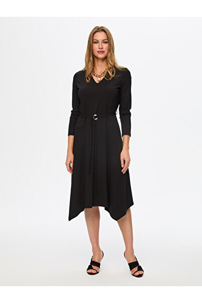 Faik Sönmez Kemer Deytaylı Uzun Kollu Örme Elbise