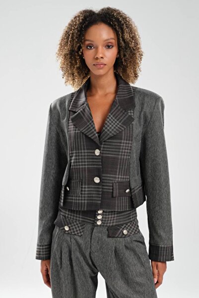 tw3 Women's Plaid Fabric Front Pleated Design Crop Blazer Jacket