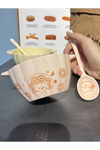 Choice pink bowl and spoon 1/2 Set Cute Pumpkin-Shaped Ceramic Two-Handled Bo...