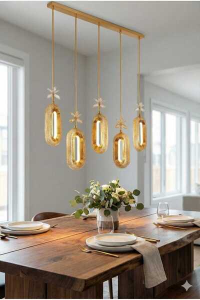 Bohem Aydınlatma Modern Masa Üstü Gold 5'li Elips Sarkıt 3 Renk LED Avize