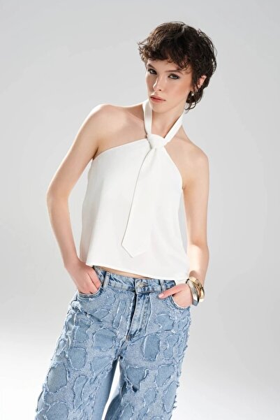 tw3 Kadın Kravat Detaylı Sırtı Açık Tasarım Bluz