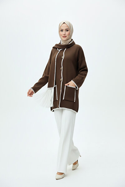 DNZ-K Women's Embroidery Detailed Scarf Soft Jacket - Brown