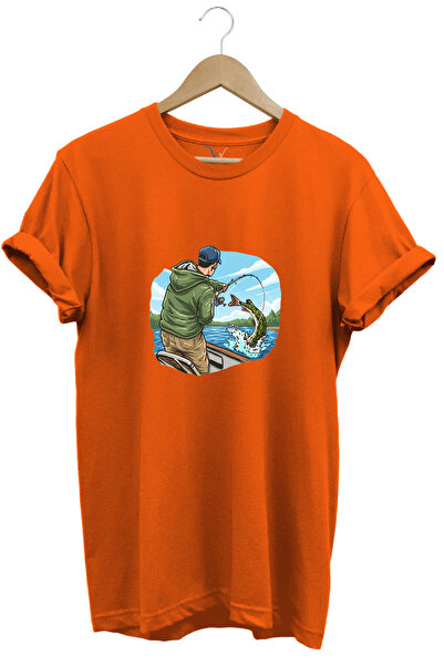 WİDİ Hunting Fishing Angling on a Boat with a Rod Printed 100% Cotton Regular...