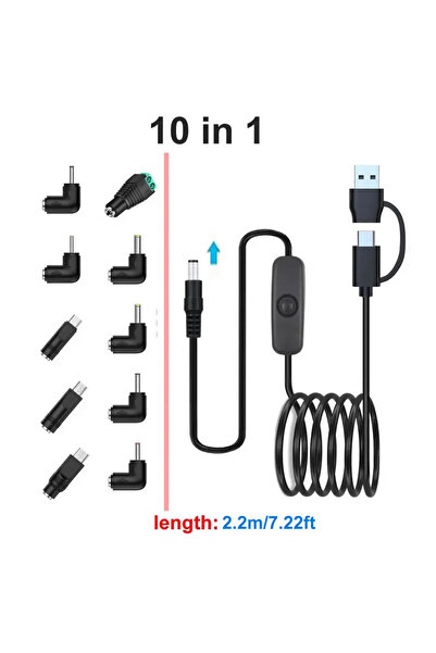 Choice 10 in 1 kit (2.2m) USB C Type C to DC Power Cable kit With ON OFF Swit...