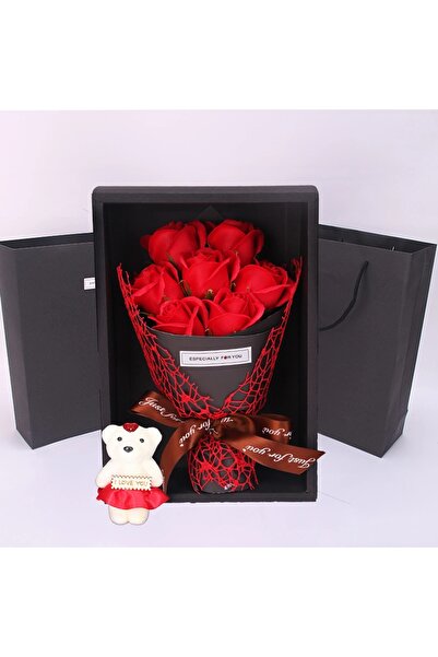 Choice باقة من سبع ورود صناعية حمراء مع علبة هدايا على شكل دب، باقة زهور صناع...