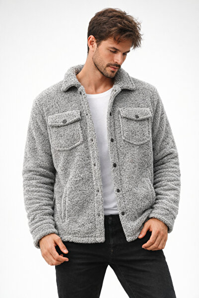 Polo State Men's Plush Soft Textured Sherpa Jacket Gray Melange