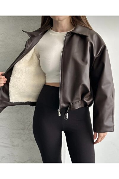 Lux Vestimenta Kadın Yeni Sezon İçi Peluş Detaylı Kemerli Deri Ceket