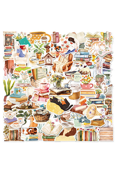 Choice 50PCS 50PCS Watercolor Book & Cat Cozy Reading Life Stickers Set Coffe...