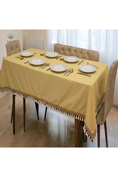 DNC HOMETEX مفرش طاولة من الكتان الأصفر الفاخر مع خطوط بنية