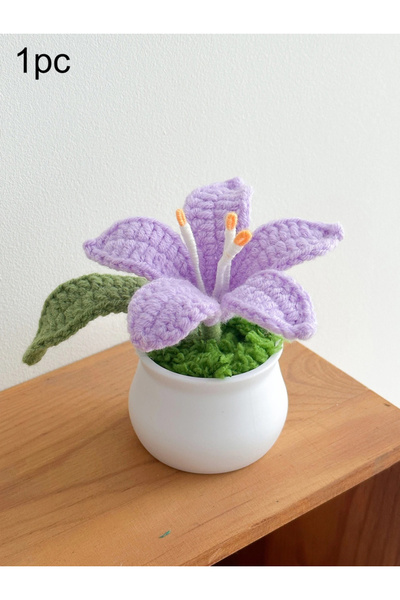 Choice زهرة زنبق واحدة بنفسجية اللون، مزروعة يدويًا في أصيص، زهور كروشيه رقيق...