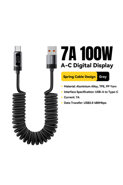 essager كابل شحن سريع من النوع C رمادي اللون، بطول 1.8 متر، 7 أمبير، بقدرة 10...