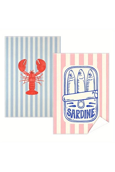 Choice 2pcs Blue 2Pcs, Lobster and Sardine Vintage Striped Kitchen Towels, 40...