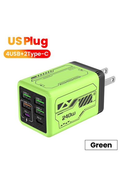 Choice شاحن هاتف محمول أخضر بقوة 240 واط، بستة منافذ (4 منافذ USB + منفذان من...