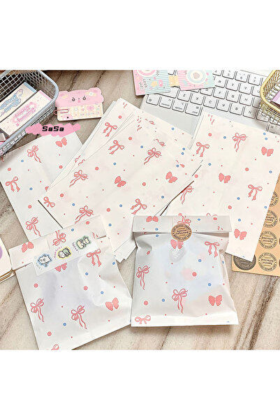 Choice ٥٠ كيس ورقي وردي اللون مزين بفيونكة وقلب، مقاس ١٢×١٧ سم، مناسب لتغليف ...