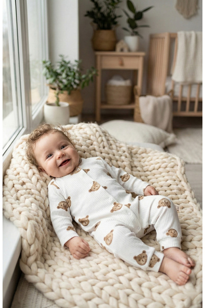 Noone Unisex Baby Cream Teddy Bear Printed Corded Fabric Ribbed Knit Long Sle...