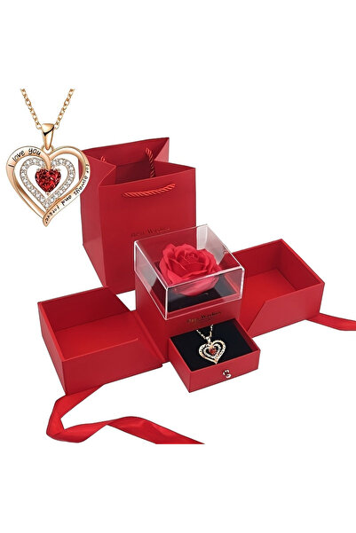 Choice صندوق مجوهرات الوردة الأبدية ذو البابين المبتكر باللون الأحمر مع قلادة...