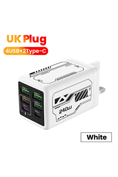 Choice شاحن هاتف محمول أبيض بقوة 240 واط، مزود بـ 6 منافذ (4 منافذ USB + منفذ...