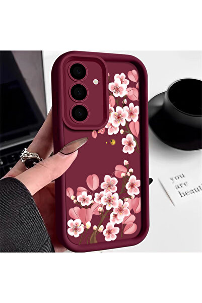 Choice جراب هاتف سامسونج A56 5G A745 بلون أحمر خمري ووردي بنقشة زهر الخوخ، مت...