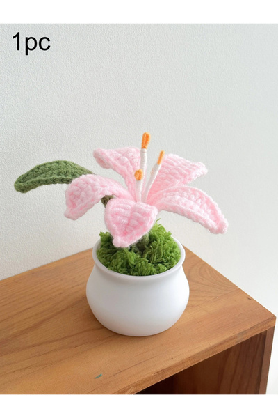 Choice زهرة زنبق وردية اللون، قطعة واحدة، مزروعة يدويًا في أصيص، زهور كروشيه ...