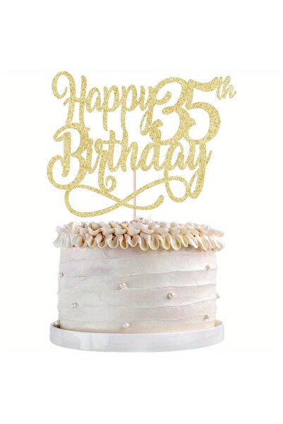 Choice زينة كعكة عيد ميلاد ذهبية لامعة قطعة واحدة، تهانينا على مرور 35 عامًا،...
