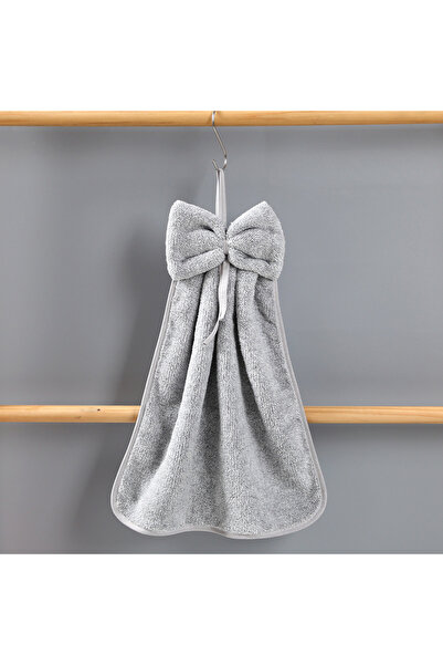 Choice Grey Bow Shaped Hand Towel Coral Fleece Bathroom and Kitchen Hanging T...