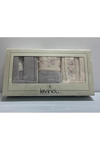 Levinda Güpürlü 6 Parça Gri-Krem Lüx Nakışlı Aile Bornoz Seti